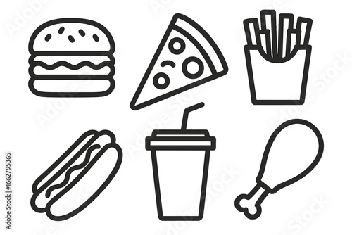 Fast food elements including burger, pizza, fries, hot dog, drink, and chicken leg arranged in a playful layout