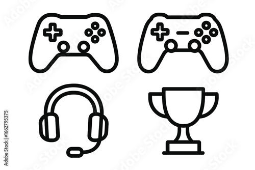 Game controllers, headset, and trophy symbolize competitive gaming environment during online tournaments