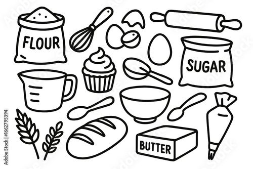 Baking essentials include flour, sugar, eggs, and butter amidst kitchen tools for delicious creations