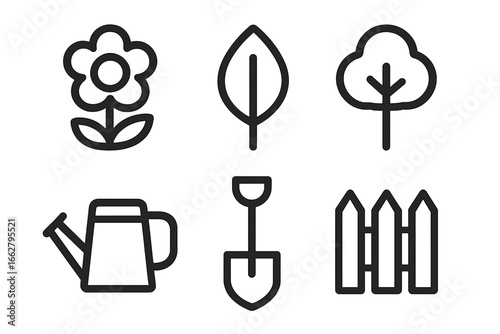 Gardening tools and plants displayed in a simple design for landscaping and horticultural projects