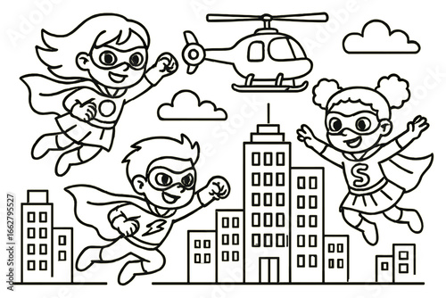 Superheroes fly over city buildings while a helicopter hovers nearby on a sunny day