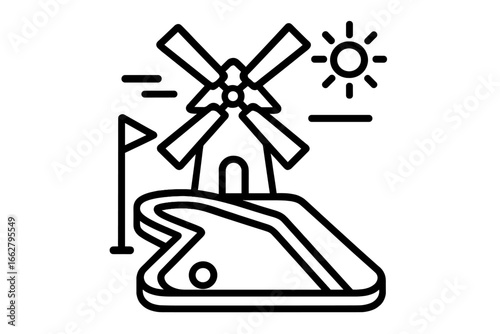 Windmill beside a swimming pool under sunlight in a serene landscape