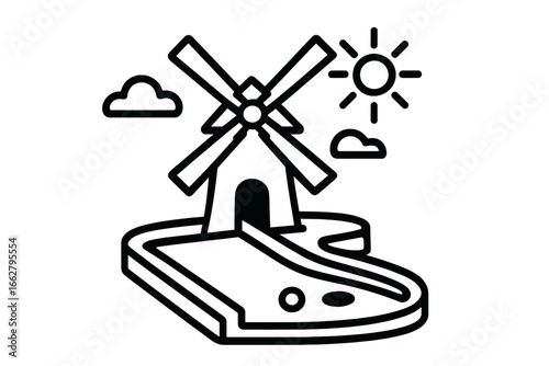 Mini golf course designed with a windmill and sunny weather creating a playful atmosphere in a family-friendly setting