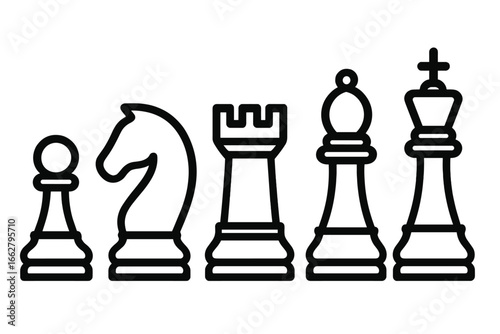 Different chess pieces lined up in a row illustrating the game of strategy and tactics in a minimalist style