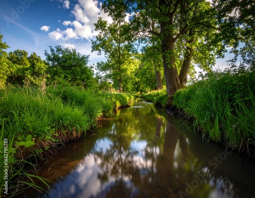Tranquil stream reflecting sky and trees