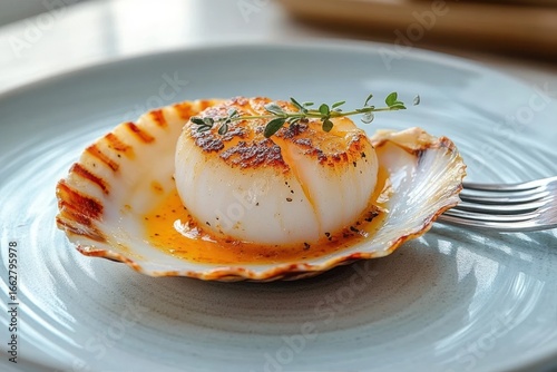 Close-up of a golden-brown seared scallop served in a half shell with herb garnish and sauce on a light blue plate