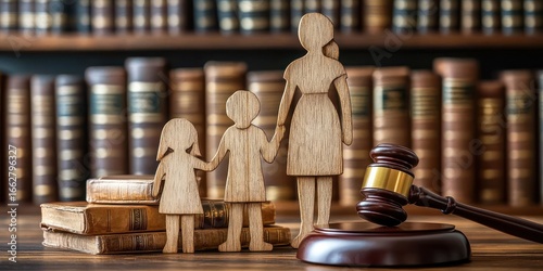 Wooden figures of a mother and two children holding hands placed next to a judge's gavel and stack of old books in a library setting, symbolizing family law and legal protection