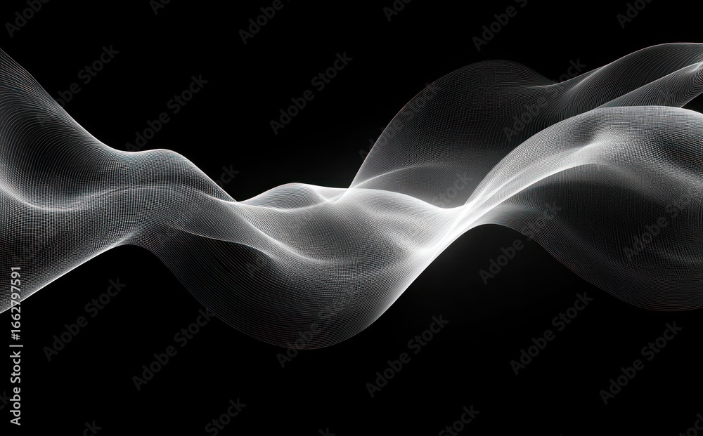 Fototapeta premium Smooth translucent white wave-like mesh flowing against a black background creating a sense of motion and fluidity