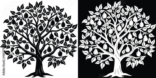 Stunning pear tree silhouette bursting with ripe fruit, showcasing natural abundance and organic beauty in dual black and white versions.