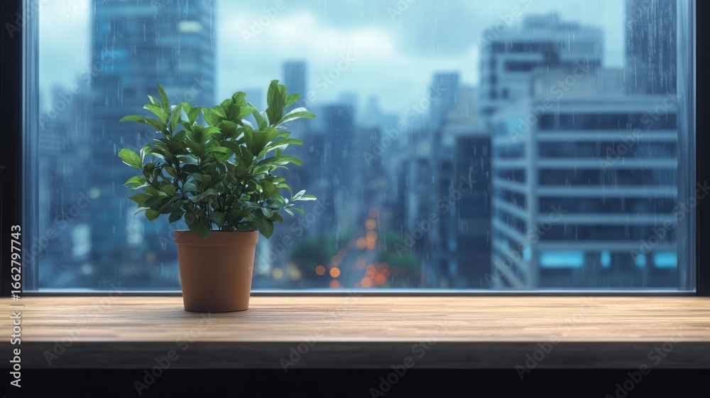Fototapeta premium Green potted plant on wooden table by window with rainy cityscape view and blurred buildings in background