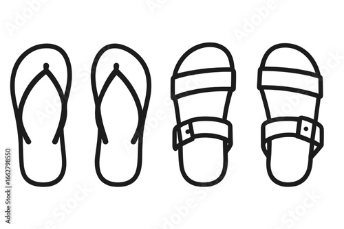Different styles of summer footwear including flip flops and sandals displayed in a simple illustration