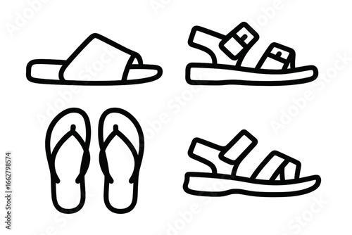 Varieties of summer footwear including sandals and flip flops for casual outdoor activities