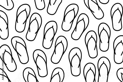 Bold black line art of flip flops scattered on a white background illustrating summer vibes and beach culture