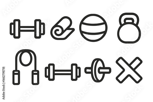 Fitness equipment icons representing various workout activities and accessories in a minimalist design for gym enthusiasts