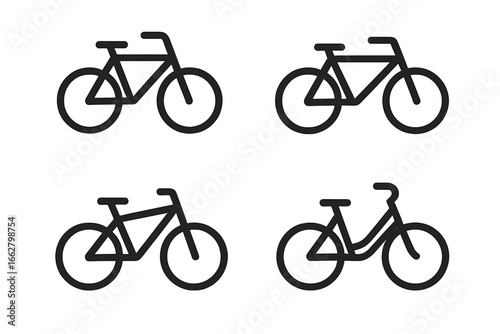 Four distinct bicycle designs showcasing different styles and frames in a minimalist illustration