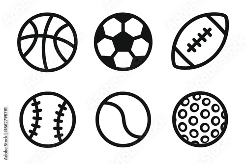 Different types of sports balls including basketball, soccer, rugby, baseball, tennis, and volleyball shown in a simple design