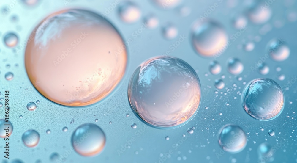 Obraz premium Close-up of translucent liquid droplets in varying sizes floating on a smooth surface with soft blue and peach tones creating a serene and gentle effect