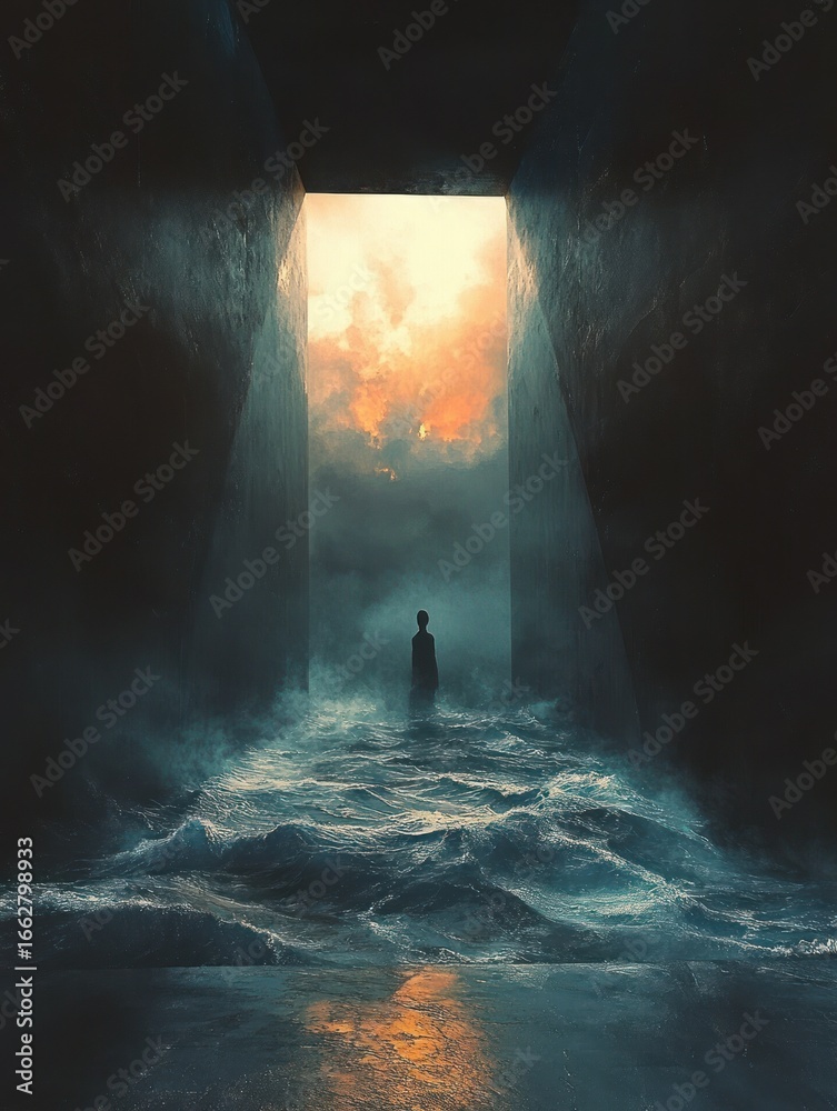 Obraz premium Silhouette of a person standing at the edge of turbulent water inside a dark narrow passage with bright fiery sky visible through the opening