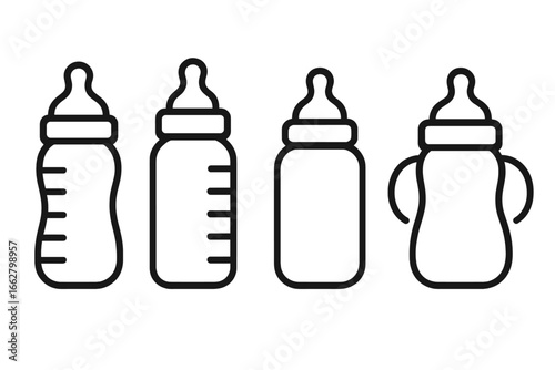 Illustrations of baby bottles showing various styles and shapes for feeding infants in a minimal design