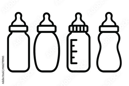 Different types of baby bottles displayed in simple line art on a plain background