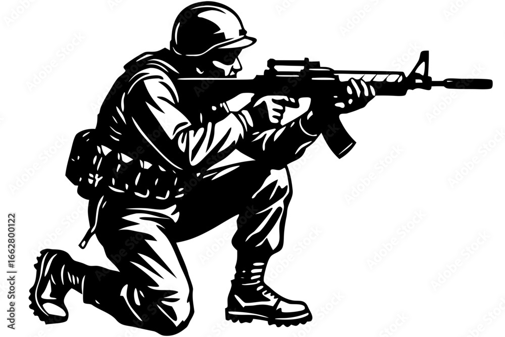 Fototapeta premium Soldier Kneeling Rifle Aiming Silhouette