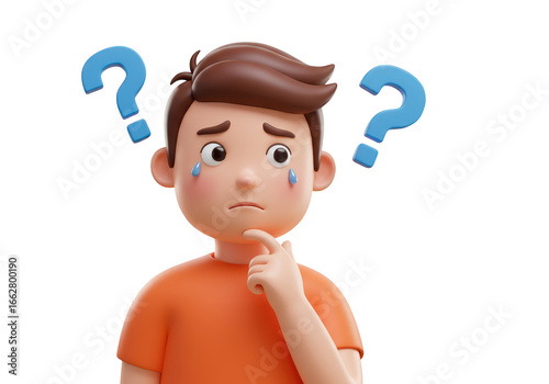 A confused boy with question marks, isolated on a transparent background