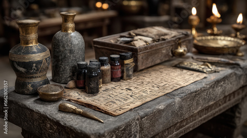 Egyptian medicine chest with alabaster jars and papyrus scrolls