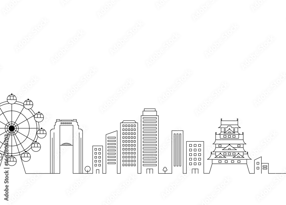 Obraz premium 大阪城と観覧車が並ぶ大阪の街並み線画イラスト