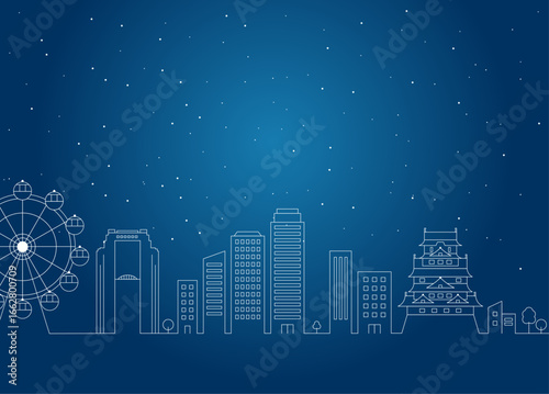大阪の街並みの線画と星と夜のビルのイラスト