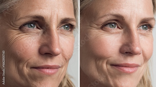 Split image of a mature woman showing wrinkle reduction before and after treatment. Illustrates the concept of anti-aging and skincare.