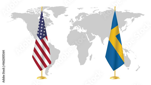 USA and Sweden stand flags on world map background. Symbolic of diplomatic relations, unity, and transatlantic cooperation. 3D rendered international concept design.