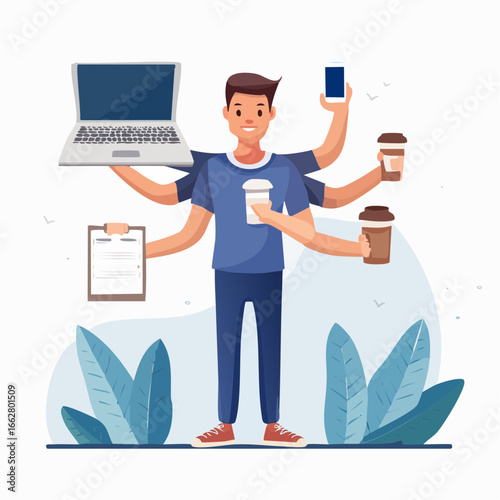Man multitasking with laptop, smartphone, clipboard, and coffee
