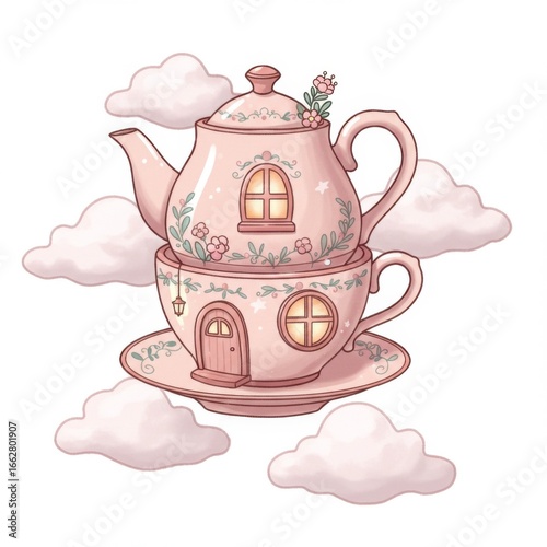 Pink Teapot House on a Cup Among Clouds