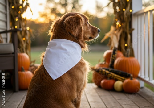 Fototapeta Naklejka Na Ścianę i Meble -  Golden retriever dog wearing bandana sitting on porch with pumpkins