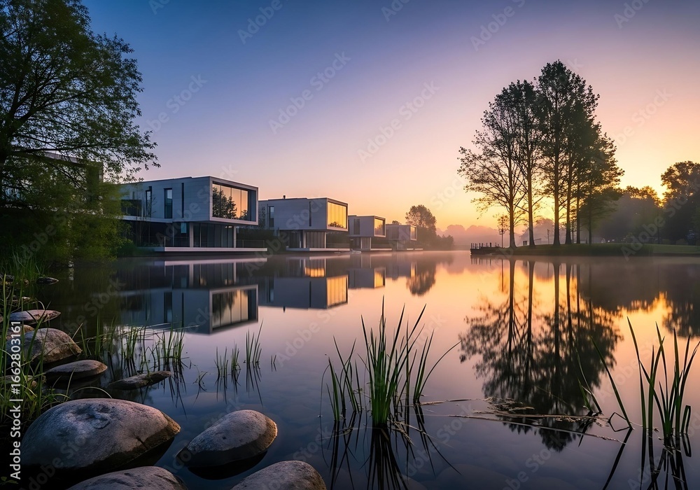 Obraz premium Modern houses reflected in lake at peaceful sunrise