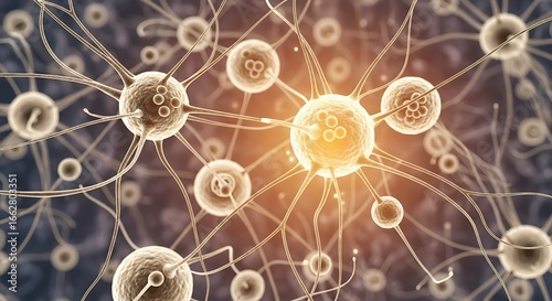 Network of connected stem cells glowing with energy, abstract regenerative medicine and molecular biology illustration
