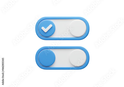 Free Download Two blue toggle switches in different states, one activated with a checkmark and the other deactivated, isolated on a transparent background - GFXLoad