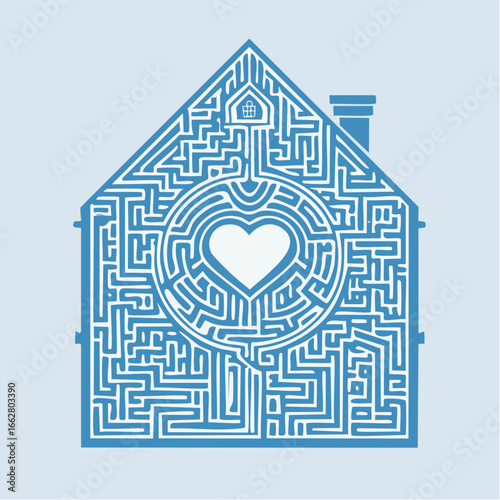 House shaped maze with a central heart in light blue tones