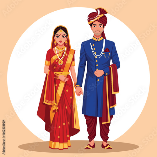 Traditional Indian Bride and Groom in Wedding Attire Illustration