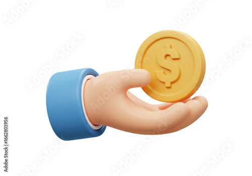 3d hand holding a gold coin with dollar symbol, isolated on transparent background