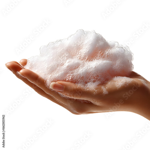 Gentle hand holding fluffy pink soap foam on a stark transparent background