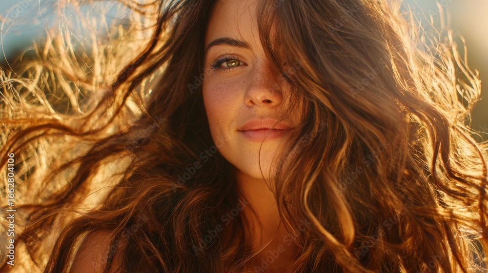 Fototapeta premium A beautiful young woman with long, brown, wavy hair is outdoors in the sun. The image conveys concepts of natural beauty, freedom, and a carefree lifestyle.