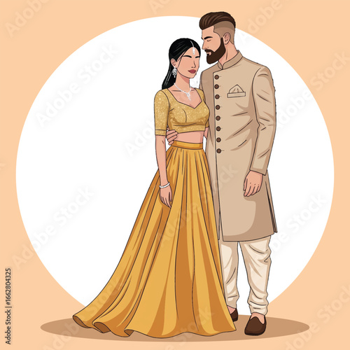 Modern Indian Wedding Couple in Traditional Attire Illustration