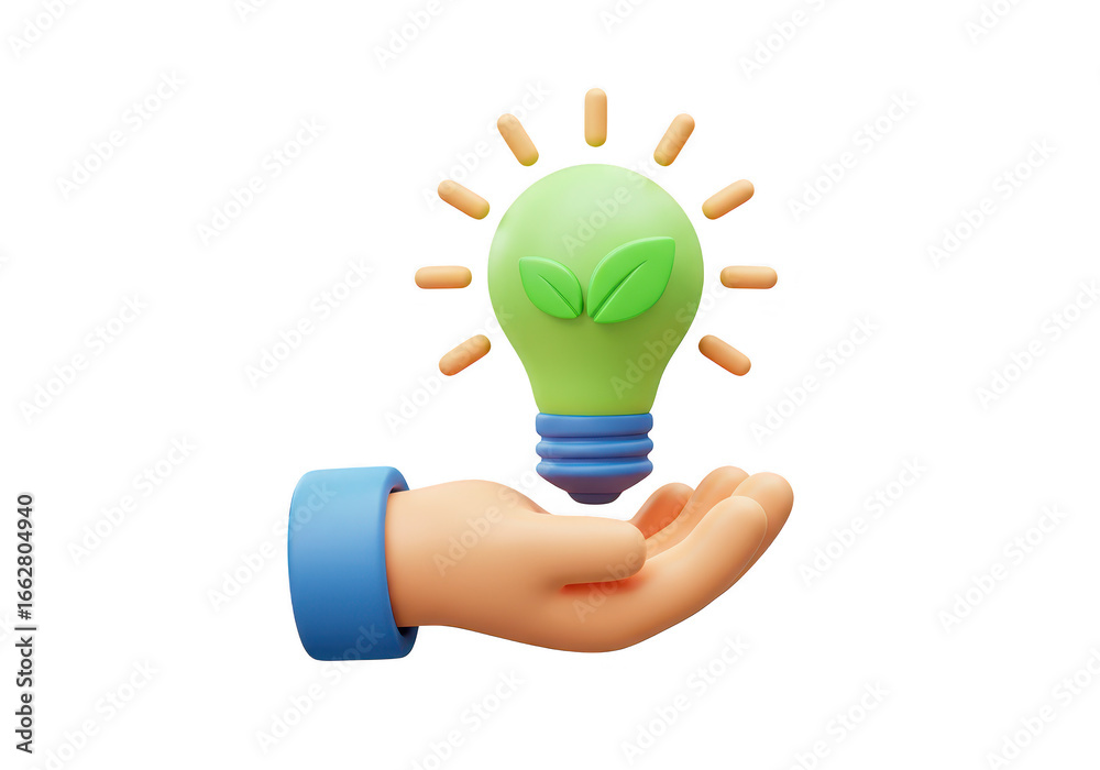 Fototapeta premium 3d render of a green lightbulb with leaves held in a hand, symbolizing an ecofriendly idea, isolated on transparent background