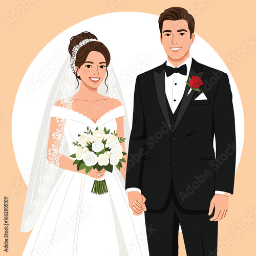 Elegant Bride and Groom in Wedding Dress and Suit Illustration