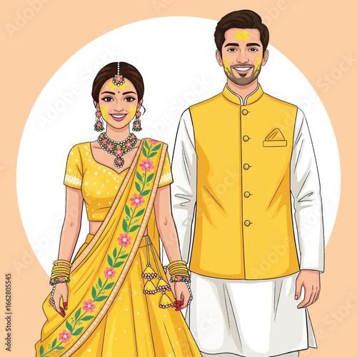 Traditional Indian Couple in Yellow Ethnic Attire Illustration