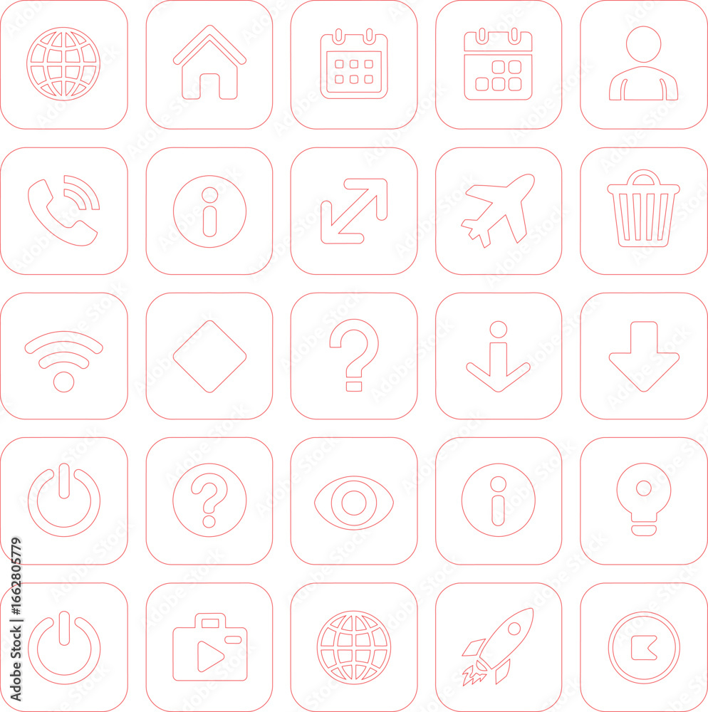 Outline Icon Set in Red Color, Globe, Home, Calendar, User, Phone, Arrows, Rocket Outline Icon Set in Red Color, Globe, Home, Calendar, User, Phone, Arrows, Rocket