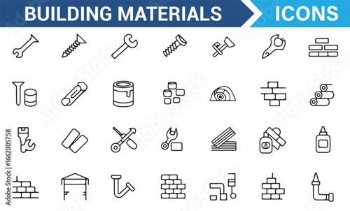 Construction Equipment and Materials Symbols Set in Line Art