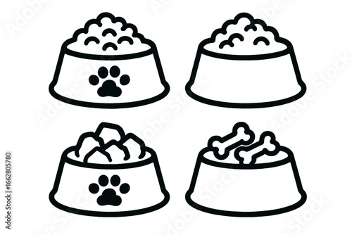 Creative illustrations of various pet food bowls filled with different types of food items including kibble and bones