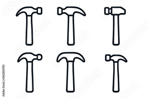 Variety of hammers displayed in different orientations on a white background